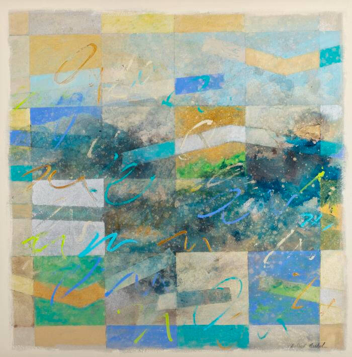 Abstract painting with a grid of rectangles each with different colors. Colors are all cool in tone, shades of blue, green and white.